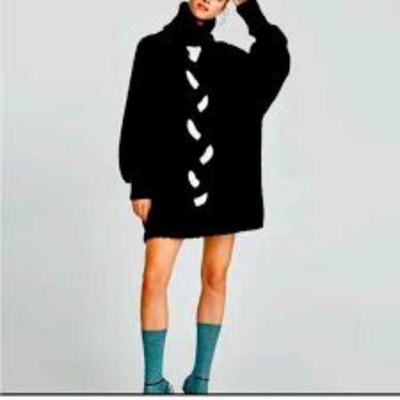 Zara Black Cream Cable Knit Oversized Turtleneck Sweater‎ Tunic Small S - Picture 1 of 9